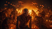 A Fiery Walk Of The Undead: The Tale Of A Ferocious Zombie On A Harrowing Path, Illuminated By Flickering Flames And Ghostly Candles In A Night Of Halloween. Ai Generated