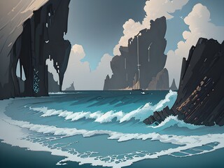 Canvas Print - Sea coast with waves, Generative AI Illustration