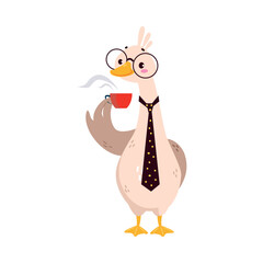 Canvas Print - Funny Goose Character in Glasses and Tie Drink Coffee Vector Illustration