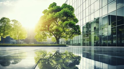 Eco architecture. Green tree and glass office building. The harmony of nature and modernity. Reflection of modern commercial building on glass with sunlight generative ai