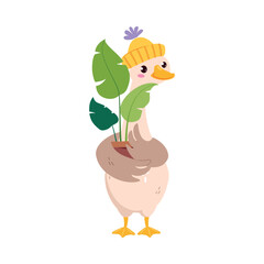 Poster - Funny Goose Character in Hat Hold Houseplant in Pot Vector Illustration