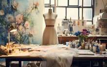 Vintage Fashion Designer Studio With A White Wedding Dress Inside The Workshop.