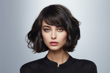 Woman With Sideswept Bangs Hair On White Background