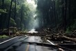 view of an asphalt road in the middle of a forest with trees collapsing due to a natural disaster. generative ai