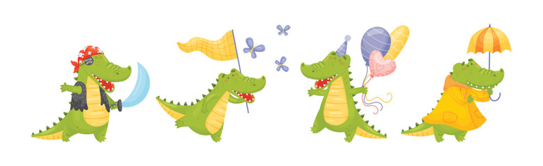 Wall Mural - green crocodile or gator character as african animal vector set