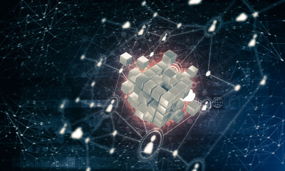 Wall Mural - concept of internet and networking with digital cube figure on dark background