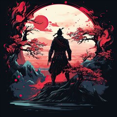 Wall Mural - unique character samurai, ninja, yokai (supernatural creatures from Japanese folklore)  from the back moon in the background
