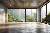Fototapeta  - Empty room with panoramic window and mountain view