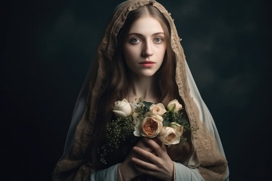 Beautiful portrait of the Virgin Mary mother of Jesus holding roses in her hands