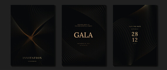 Luxury gala invitation card background vector. Golden elegant wavy gold line pattern on black background. Premium design illustration for wedding and vip cover template, grand opening.