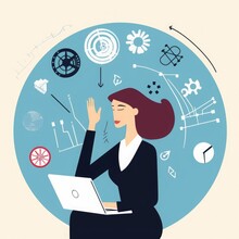  Woman And Rotating Business Icons. Metaphor For Work Stress. Business Vector Illustration, Generative AI