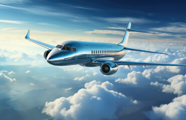 Wall Mural - Commercial airplane flying above clouds with blue sky.