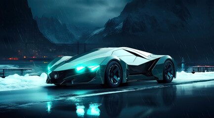 Wall Mural - A futuristic concept car in dark blue and green colors. Rain. Generative AI