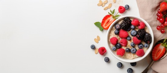 Wall Mural - A healthy breakfast of oatmeal topped with berries and fruits is shown on a light background. taken