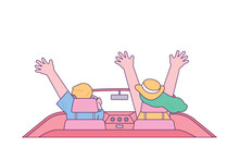 Car Driving Holiday Trip. A Couple Rejoices With Their Hands Up As They Go On A Road Trip In A Convertible.