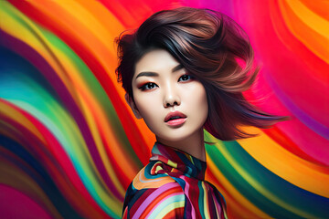 Wall Mural - High Korean Fashion model woman in colorful bright lights posing in studio, portrait of beautiful sexy female with trendy make-up. Art design, colorful make up.