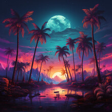 Retro 80s Sunsets With Palm Trees For T-shirt Design
