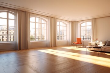 Wall Mural - Realistic photo of bright apartment with big windows and light hall inside. Empty room with wooden floor