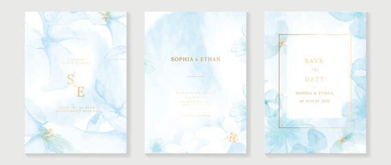Wall Mural - Luxury wedding blue invitation card background with golden line art flower and botanical leaves, Organic shapes, Watercolor. Abstract art background vector design for wedding and vip cover template.
