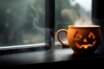 Wall Mural - Halloween coffee, pumpkin cup with a hot drink and steam on a black scary background, a festive banner for a cafe with a copy space. Generative Ai.