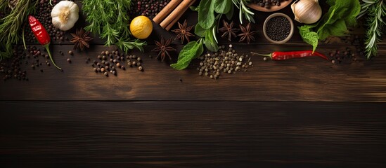 Poster - Fresh herbs and spices placed on a wooden table, seen from above, and with space for additional text