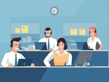  Helpdesk, Call Center. Customer Service, Hotline Operators With Headsets. Online Technical Support 24 H, Vector Illustration, Generative AI