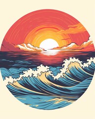 Wall Mural - Ocean waves, Retro striped sunset prints in circle shape, sunset, pure white background, T-shirt design, Generative AI
