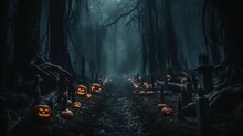 The Path Of Pumpkins: A Journey Through A Sinister Forest Trail Adorned With Halloween Jack-o'-lanterns, Where Mystery And Magic Beckon With Each Step. Ai Generated