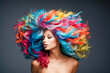A vibrant and dyed rainbow hairstyle complementing the woman's fashionable makeup and style.