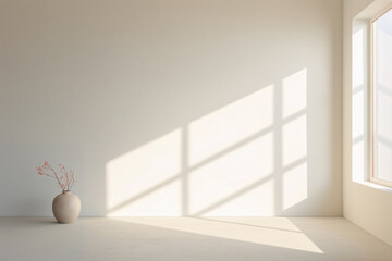 Bright empty room in beige or white colour with large window, sunlight and shadows on the wall. Ceramic vase on the floor. .Abstract interior background. 