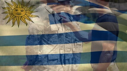 Sticker - Animation of flag of uruguay over diverse male soldiers