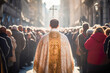 In a crowded street, a mass celebration unfolds with fervent prayer and religious devotion. A holy ceremony led by a Catholic priest, uniting people in faith and Christian beliefs.