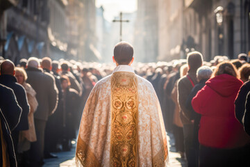 Wall Mural - In a crowded street, a mass celebration unfolds with fervent prayer and religious devotion. A holy ceremony led by a Catholic priest, uniting people in faith and Christian beliefs.