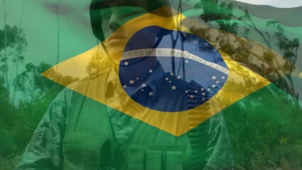 Sticker - Animation of flag of brazil over caucasian male soldier