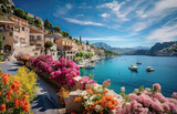 Seafront landscape with azalea flowers. French reviera, view of stunning picturesque coastal town