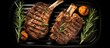 Barbecue grilled lamb and mutton chop steaks cooked in a pan with a black background. taken from a top-down