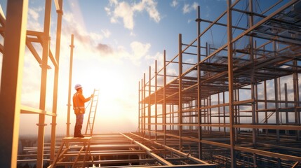 Construction workers and engineers are working on a large building structure.