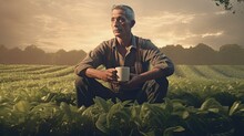 Male On Coffee Field,  Farmer Sitting On The Ground And Holding A Cup Of Coffee. Ai Generated