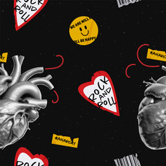 Wall Mural - grunge seamless pattern with a noisy background. halftone heart and rock stickers, contemporary back