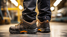 Close-up Of A Safety Work Shoe Standing On A Factory Worker Feet