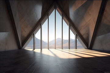 architecture empty room with window and mountain background with sunlight