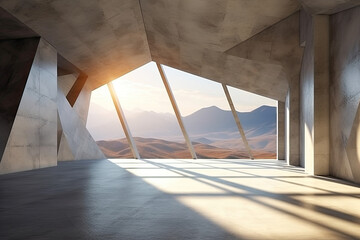 architecture empty room with window and mountain background with sunlight