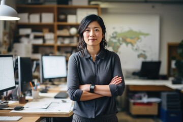 Casual portrait of a designer in her office standing by her desk, daylight coming through the window, corporate photography. 