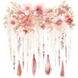  Watercolor boho tassel garlands with beige-pink flowers isolated on transparent background. Generative AI