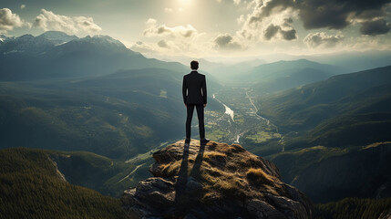 businessman standing on apex mountain in concept business management and leadership.