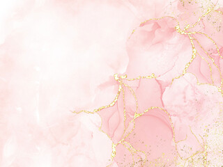 Pink alcohol ink mixed with glitter gold pattern elegant abstract ink flow art with translucent background.

