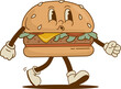 Retro cartoon funny burger character. Vintage street food hamburger, sandwich mascot vector illustration. Nostalgia 60s, 70s, 80s