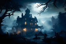 Halloween Night Scene Mansion On Full Moon Ai Generated Art