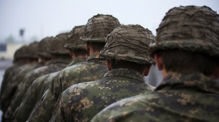 Wall Mural - back view of solider standing in the row of group army 