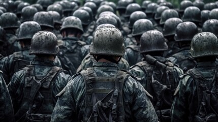 Wall Mural - back view of solider standing in the row of group army 